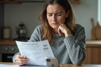 Femme inquiète vérifiant son solde bancaire négatif et ses relevés de compte à la maison
