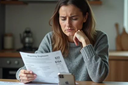 Femme inquiète vérifiant son solde bancaire négatif et ses relevés de compte à la maison