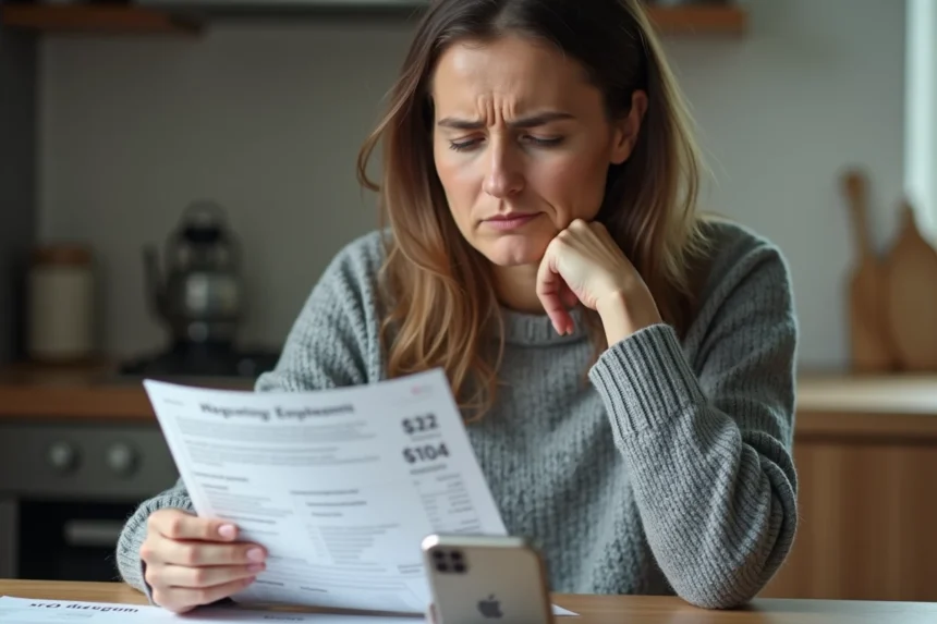 Femme inquiète vérifiant son solde bancaire négatif et ses relevés de compte à la maison