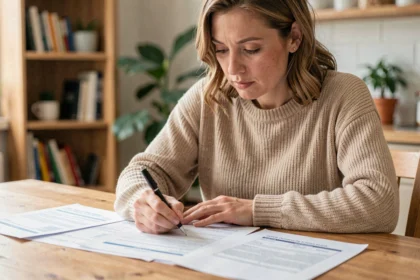 Femme consultant un devis d'assurance voiture à domicile, documents éparpillés sur une table en bois