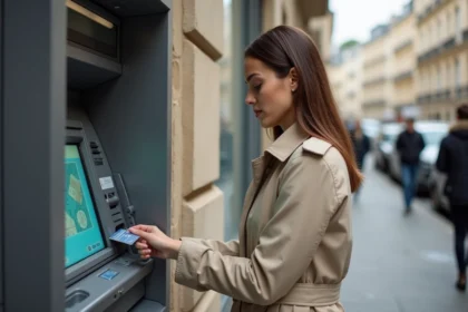 Femme utilisant un distributeur automatique de billets en centre-ville pour retirer de l'argent