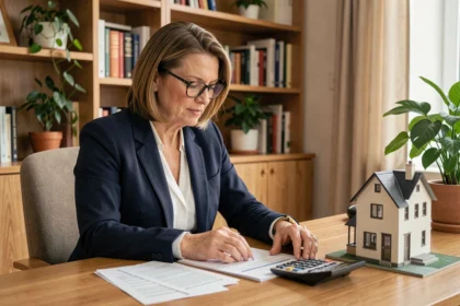 Femme examinant des documents de prêt immobilier à son bureau avec une calculatrice et une maquette de maison