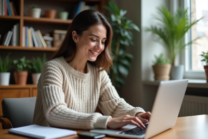 Jeune femme à son bureau met à jour ses économies