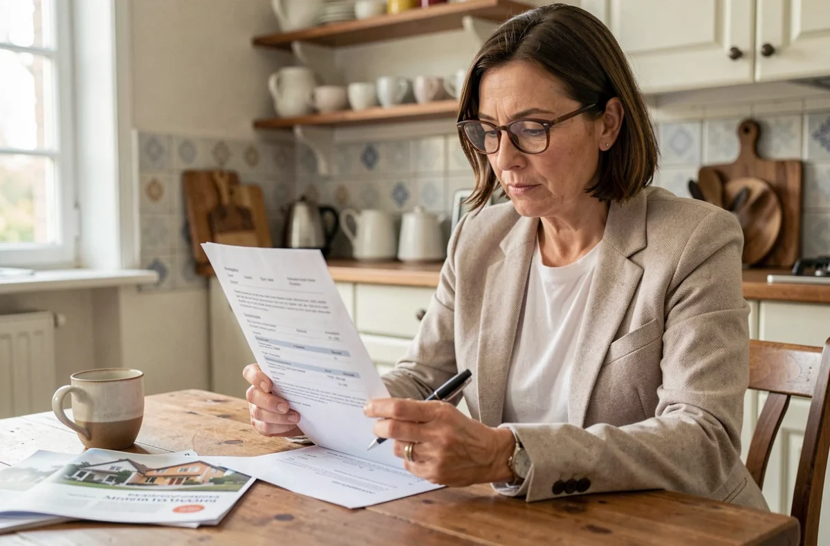 Femme étudiant les conditions d'un crédit immobilier dans son appartement en Picardie