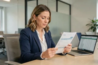 Femme en bureau examinant une fiche de paie, illustrant le calcul du salaire brut en net en CDI