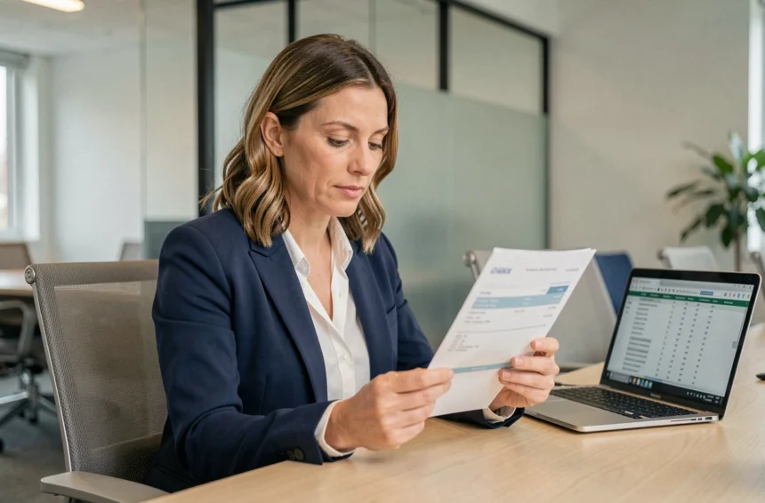 Femme en bureau examinant une fiche de paie, illustrant le calcul du salaire brut en net en CDI