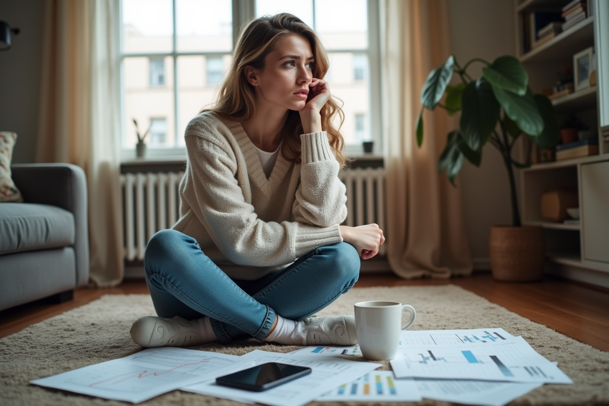 Jeune femme regardant par la fenetre avec des graphiques financiers