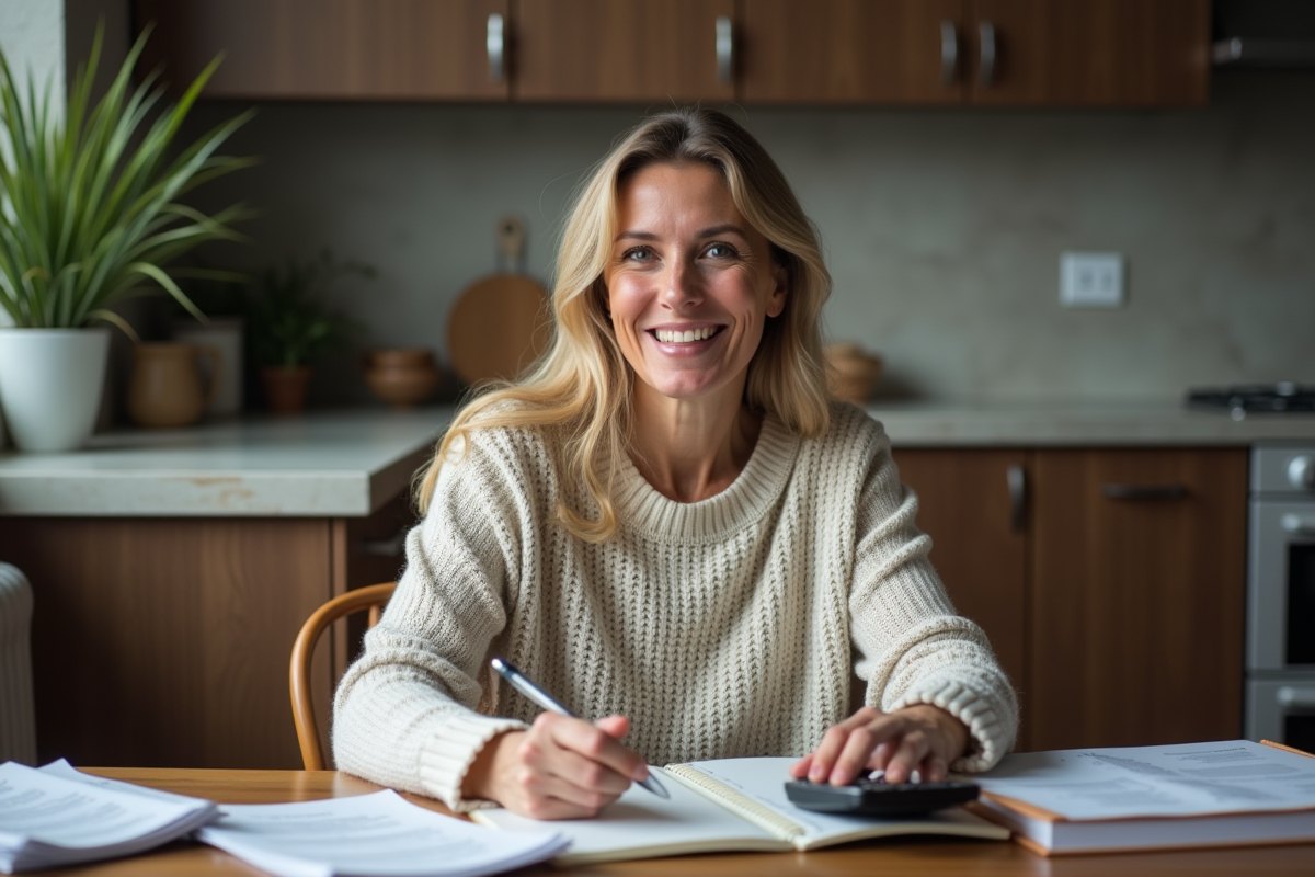 Femme d'âge moyen examine ses finances à la maison