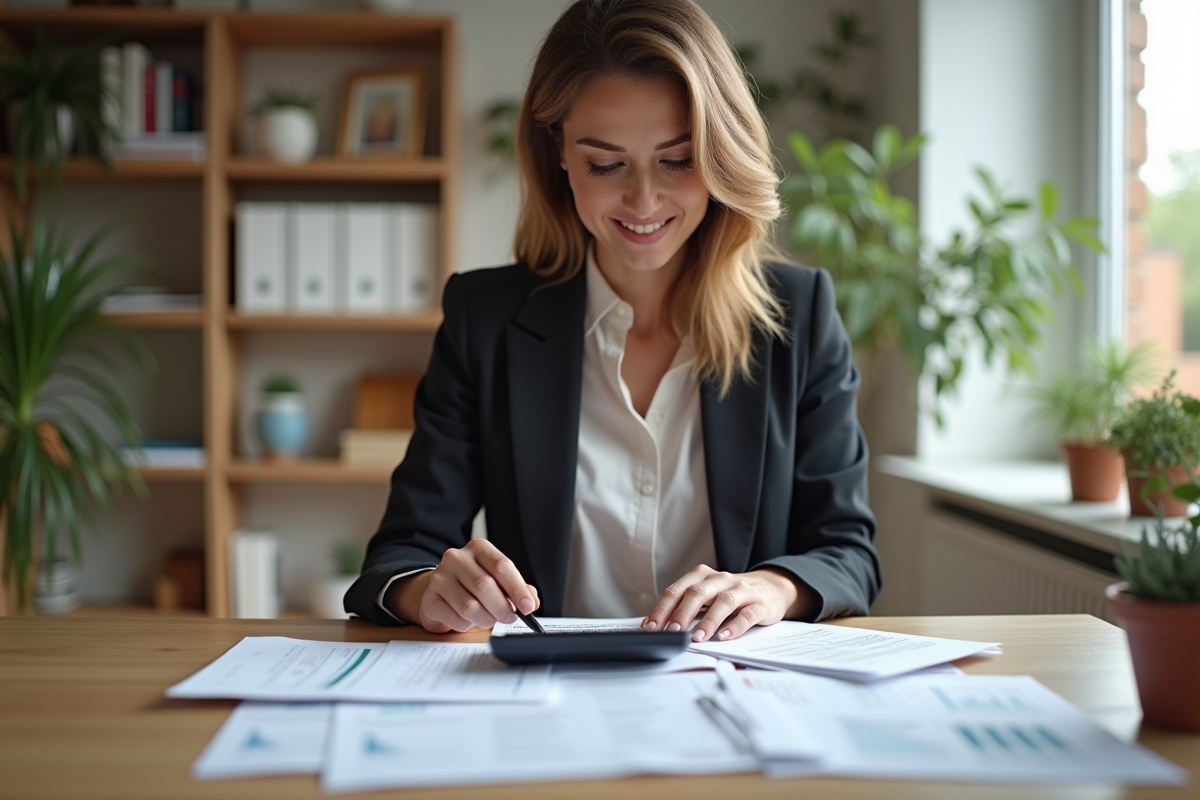 Femme organisée examinant des documents financiers à la maison