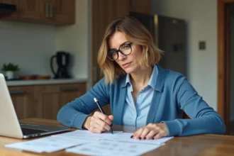 Femme française remplissant une déclaration d'impôts à la maison