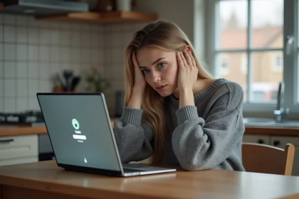 Jeune femme frustrée devant son ordinateur portable à la maison
