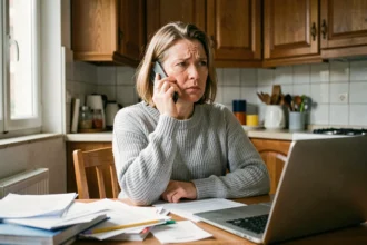 Femme frustrée au téléphone attendant de joindre le service client de La Banque Postale, assise dans une cuisine avec des papiers sur la table