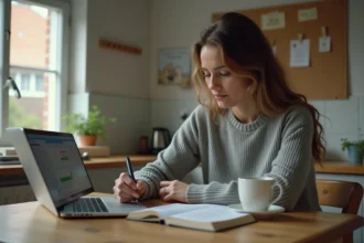 Femme gérant son budget avec un carnet de dépenses et un ordinateur portable dans une petite cuisine simple