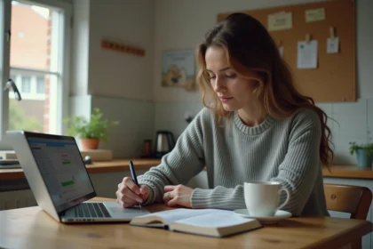 Femme gérant son budget avec un carnet de dépenses et un ordinateur portable dans une petite cuisine simple