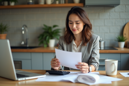 Femme d'affaires examine documents financiers à la maison
