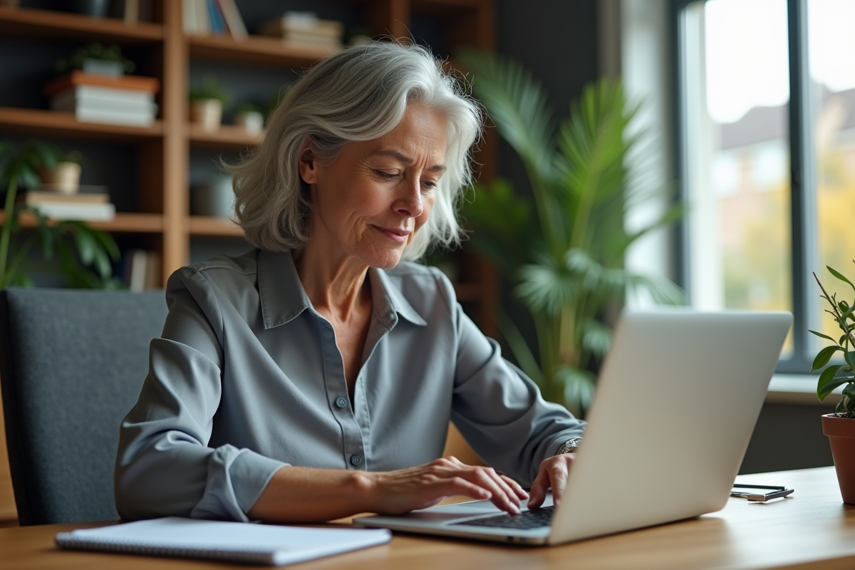 Femme d'âge moyen travaillant à son bureau à domicile