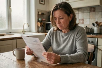 Femme consultant ses identifiants bancaires Caisse d'Épargne Centre France sur un document papier à la maison