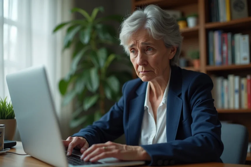 Femme inquiète consultant son compte bancaire en ligne sur un ordinateur portable, illustrant les risques de fraude bancaire avec OLINDA Banque