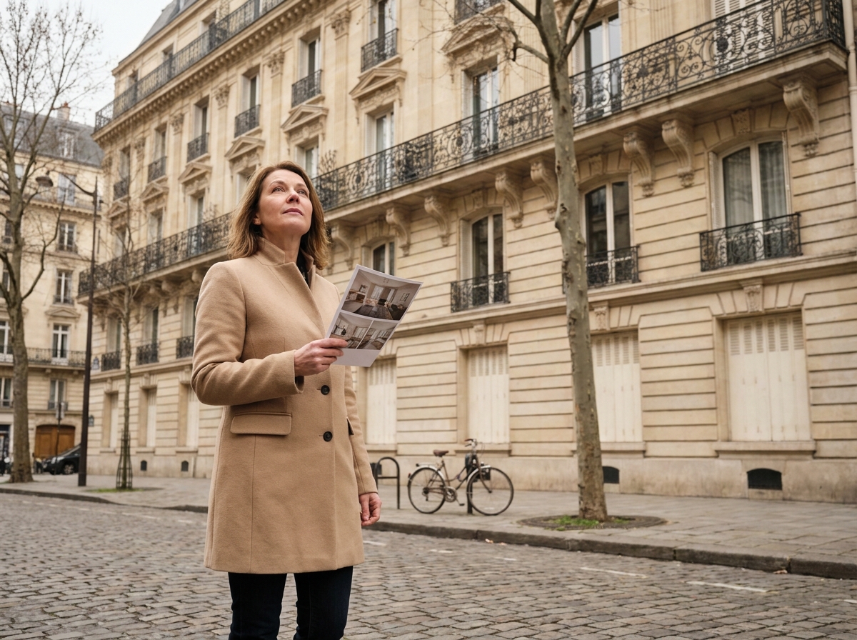 Une femme investisseuse observe la façade d'un immeuble ancien de style haussmannien, symbolisant l'attrait de l'immobilier ancien comme levier de défiscalisation pour les épargnants en 2026.