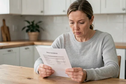 Femme lisant attentivement un contrat d'assurance téléphone à la maison avant de souscrire