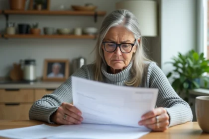 Femme d'âge moyen examine des documents d'assurance à la maison