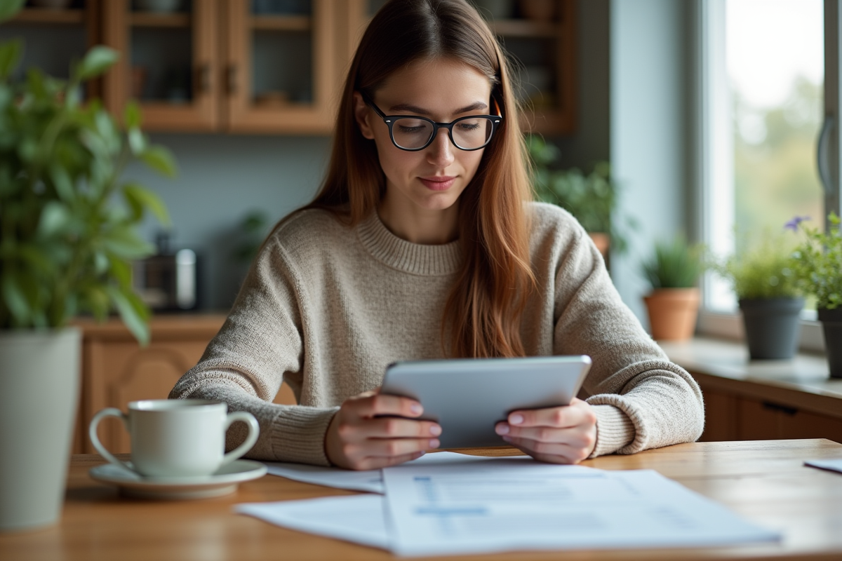 Jeune femme lisant documents sur taxe carbone à la maison