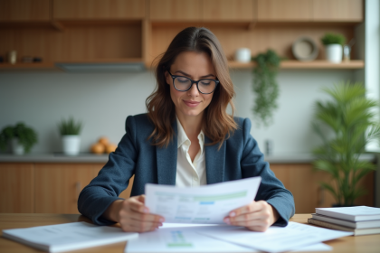Femme professionnelle lisant documents de pret immobilier