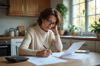 Femme de cinquante ans lisant des papiers dans la cuisine