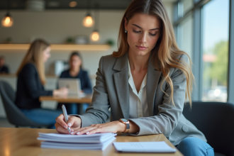 Jeune femme lisant brochures de pret auto dans une banque