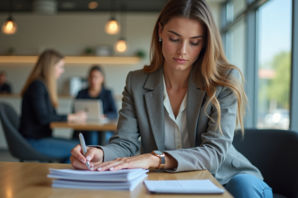 Jeune femme lisant brochures de pret auto dans une banque