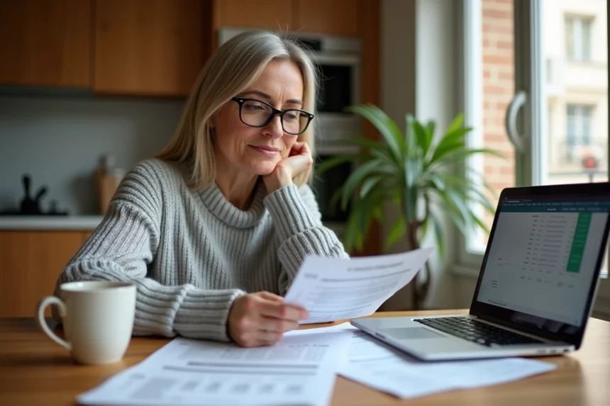 Femme consultant son livret A et ses relevés bancaires à la table de cuisine pour optimiser son épargne en 2026