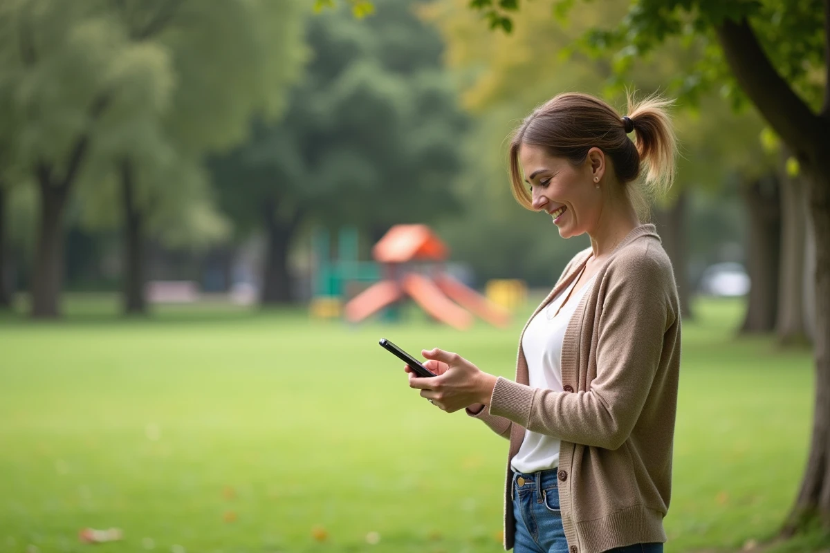 Femme dans un parc vérifiant ses finances sur son smartphone