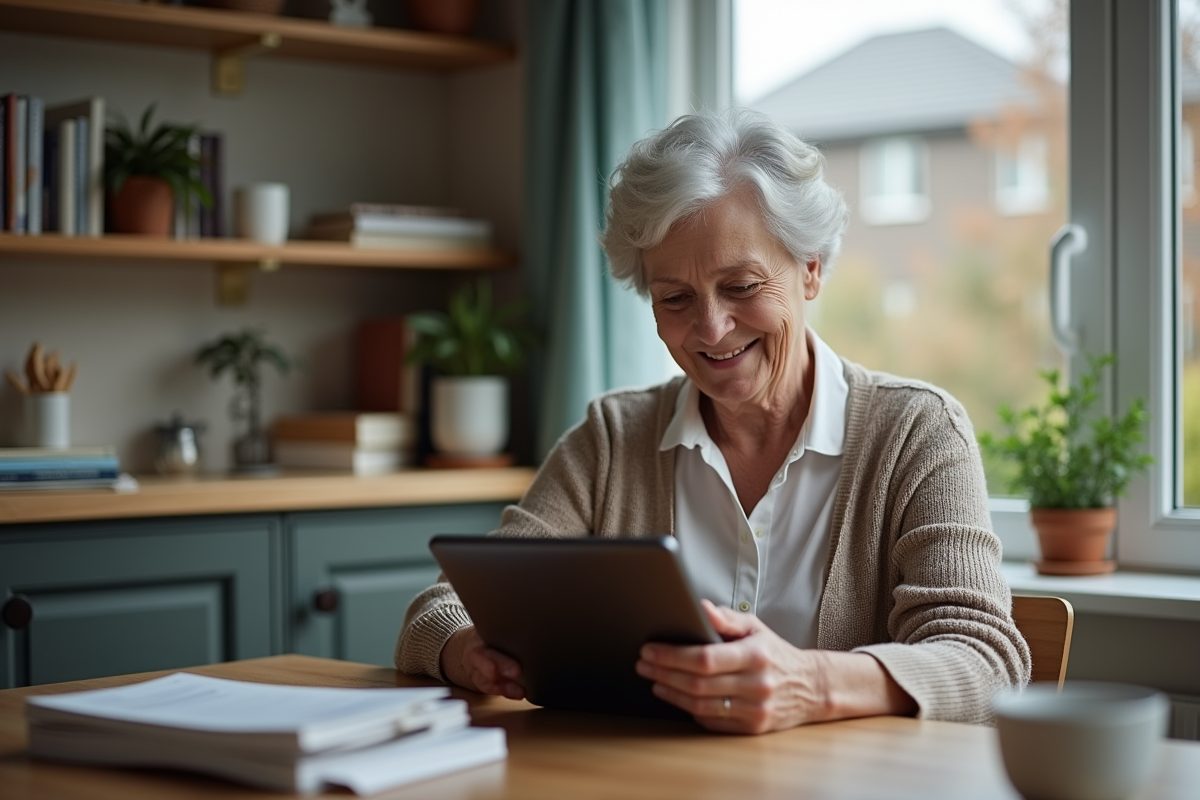 Femme souriante consulte un portefeuille sur tablette