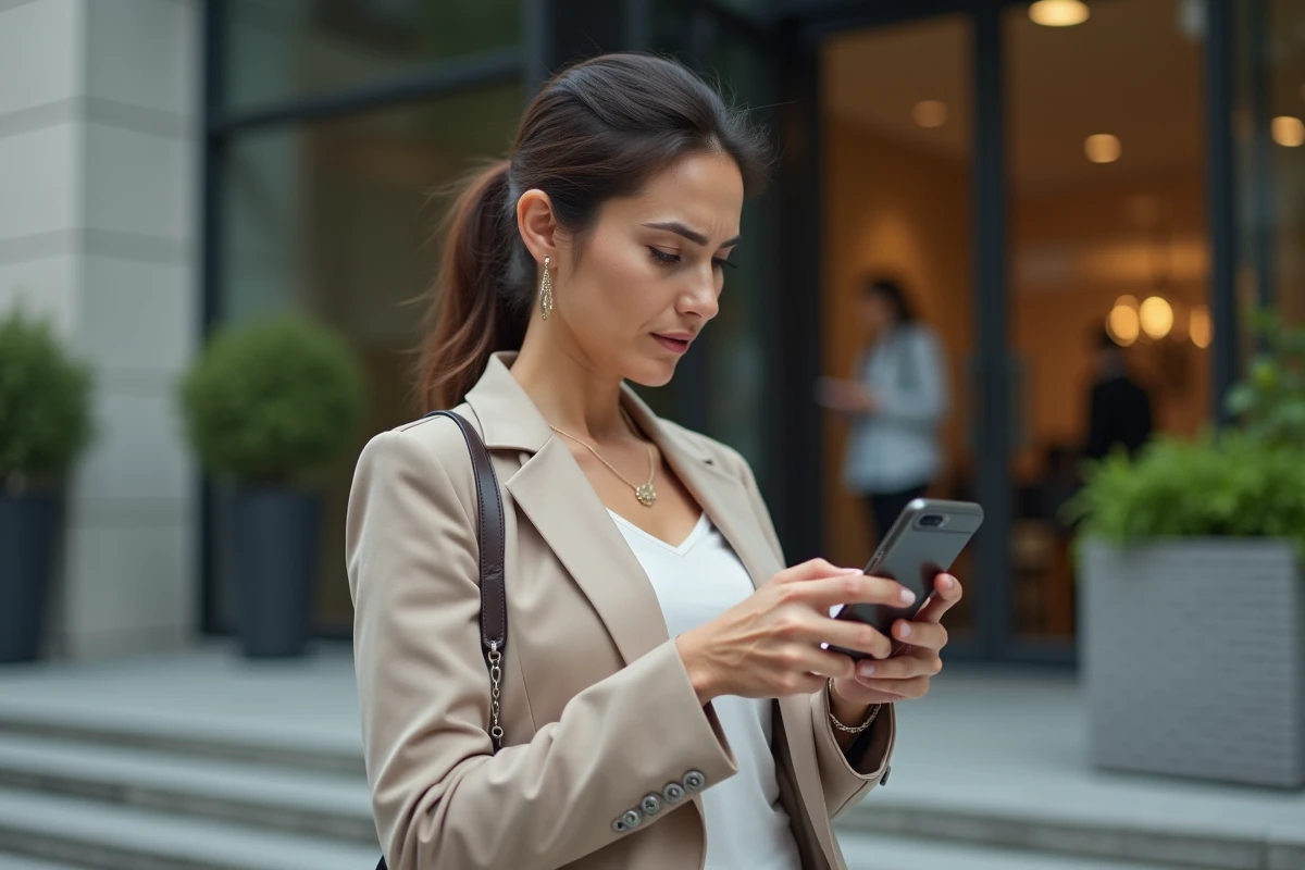 Femme d affaires consulte son portefeuille en ville