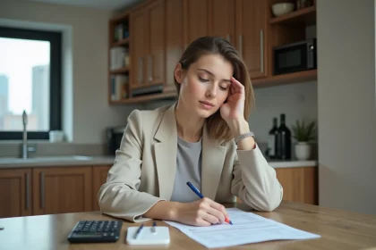 Femme concentrée examinant un document de prêt immobilier