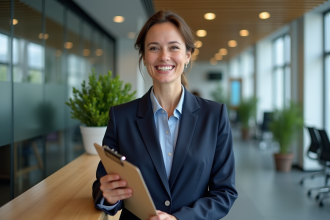 Femme souriante en costume professionnel dans un bureau moderne