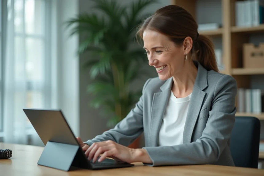 Femme professionnelle consultant son compte Cyberplus BPO sur tablette dans un bureau à domicile moderne