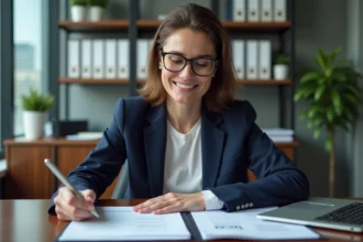 Femme professionnelle en blazer lisant des documents