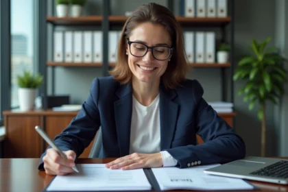 Femme professionnelle en blazer lisant des documents