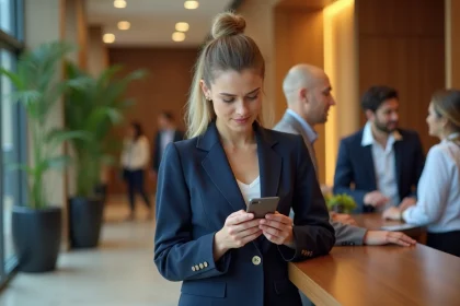 Femme en costume regardant son smartphone à la réception d'hôtel