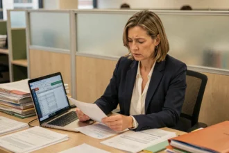 Femme cadre consultant des documents de retraite au bureau, illustrant l'impact de la décote par trimestre manquant sur les carrières féminines