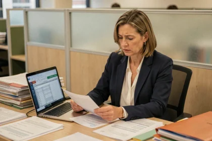 Femme cadre consultant des documents de retraite au bureau, illustrant l'impact de la décote par trimestre manquant sur les carrières féminines