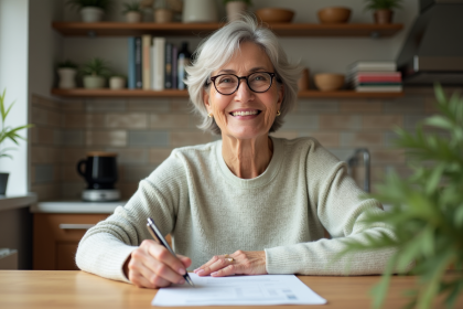Femme retraitée souriante en pastel dans sa cuisine