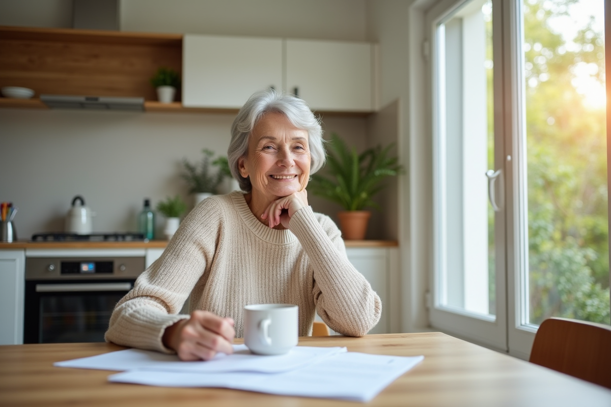 Femme retraitée souriante dans sa cuisine lumineuse
