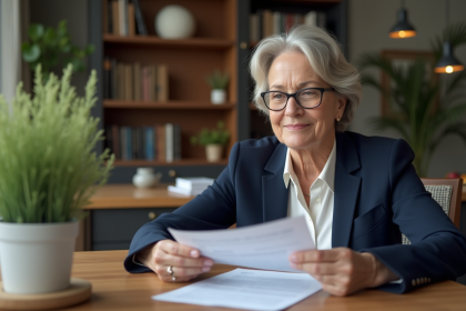 Femme retraitée souriante vérifiant ses papiers de pension