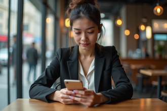 Jeune femme d'affaires utilisant une application de paiement numérique