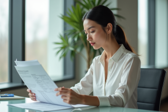Jeune femme élégante analysant des documents financiers