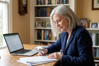 Femme senior consultant des documents d'assurance-vie à son bureau pour organiser la transmission de son patrimoine