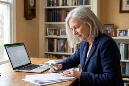 Femme senior consultant des documents d'assurance-vie à son bureau pour organiser la transmission de son patrimoine
