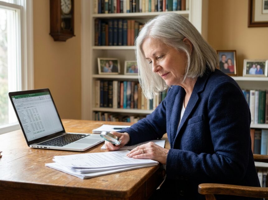 Femme senior consultant des documents d'assurance-vie à son bureau pour organiser la transmission de son patrimoine